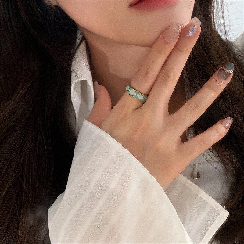 New Bague en émail et en acier inoxydable couleur or losanges vert- turquoise pour femmes