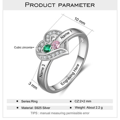 Bague argent 925 sterling personnalisable avec de 1à 8 prénom(s) gravé(s) bague avec pierre de naissance de couleur personnalisée également coeur pour femmes cadeau de fête des mères