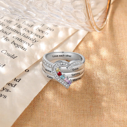 Bague argent 925 sterling personnalisable avec de 1à 8 prénom(s) gravé(s) bague avec pierre de naissance de couleur personnalisée également coeur pour femmes cadeau de fête des mères