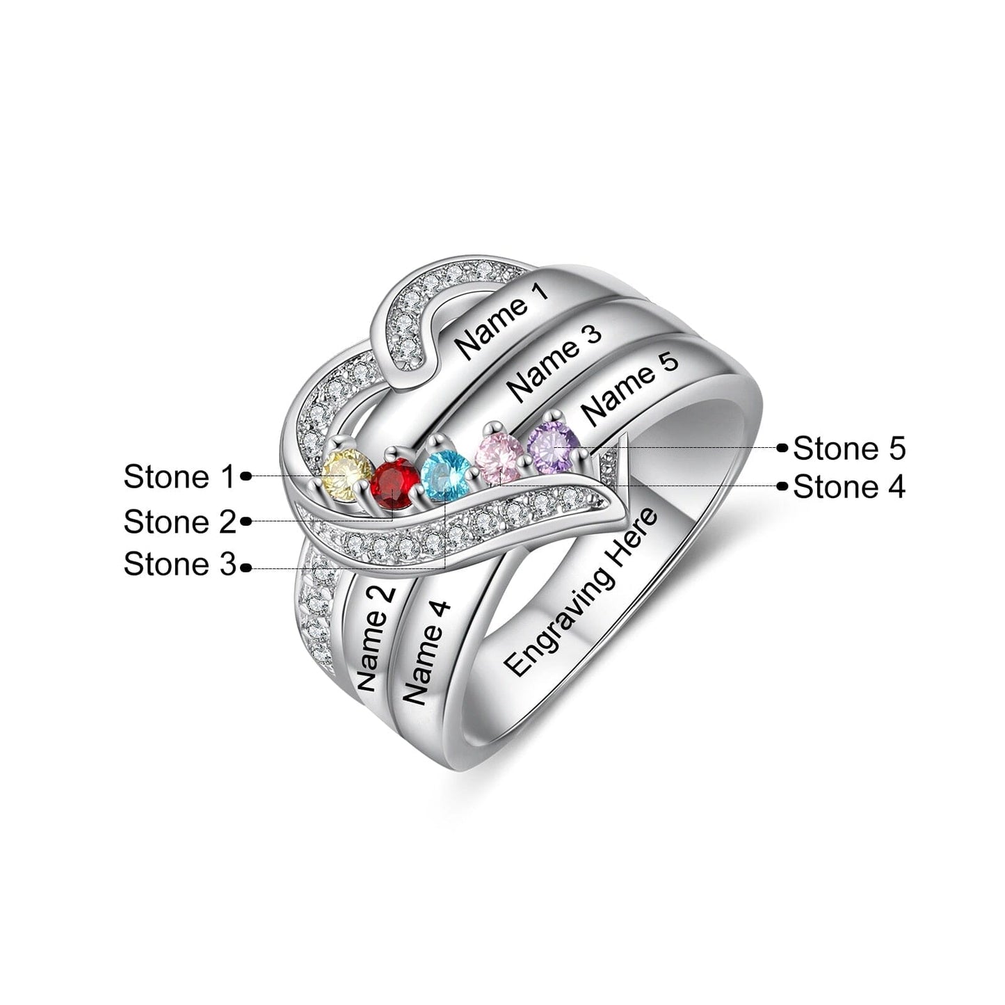 Bague argent 925 sterling personnalisable avec de 1à 8 prénom(s) gravé(s) bague avec pierre de naissance de couleur personnalisée également coeur pour femmes cadeau de fête des mères