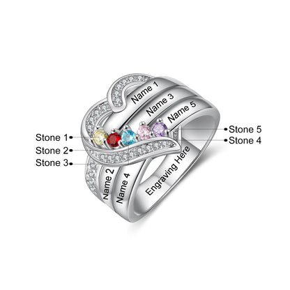 Bague argent 925 sterling personnalisable avec de 1à 8 prénom(s) gravé(s) bague avec pierre de naissance de couleur personnalisée également coeur pour femmes cadeau de fête des mères