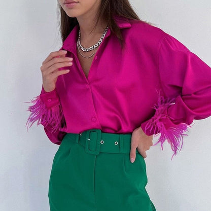 Chemise Satin Plumes aux Poignets pour Femmes élégante Boutonnée Manches Longues