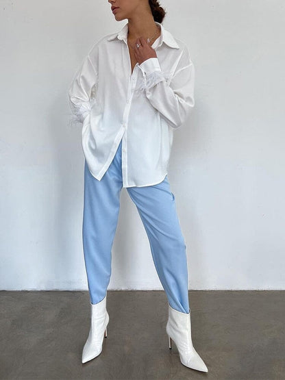 Chemise Satin Plumes aux Poignets pour Femmes élégante Boutonnée Manches Longues