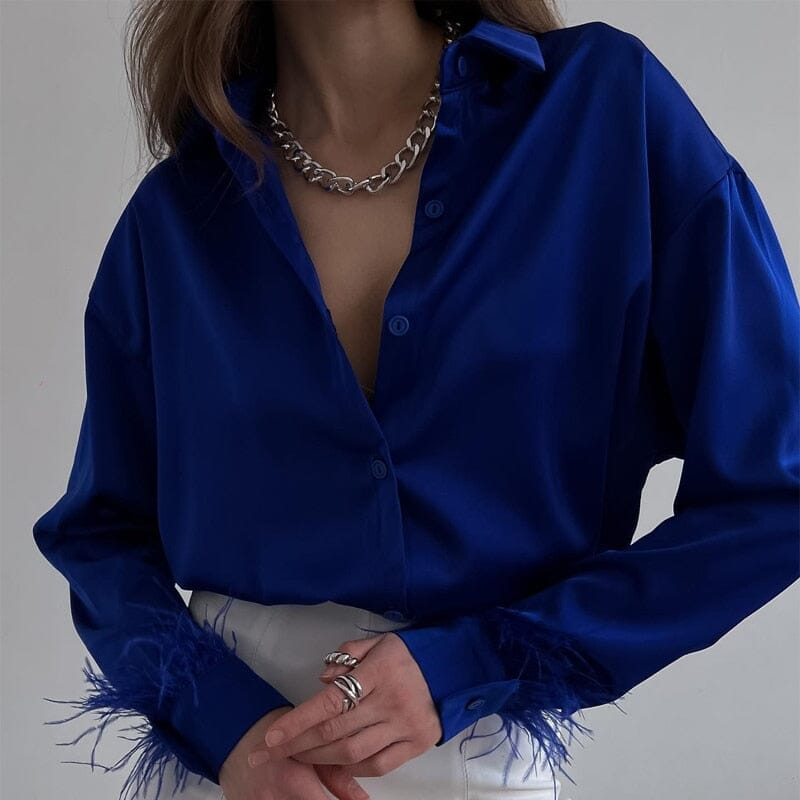 Chemise Satin Plumes aux Poignets pour Femmes élégante Boutonnée Manches Longues