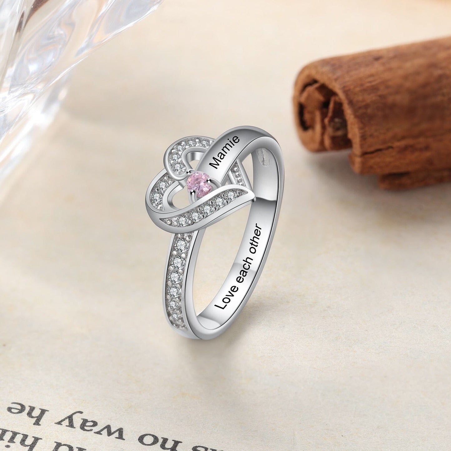 Bague argent 925 sterling personnalisable avec de 1à 8 prénom(s) gravé(s) bague avec pierre de naissance de couleur personnalisée également coeur pour femmes cadeau de fête des mères