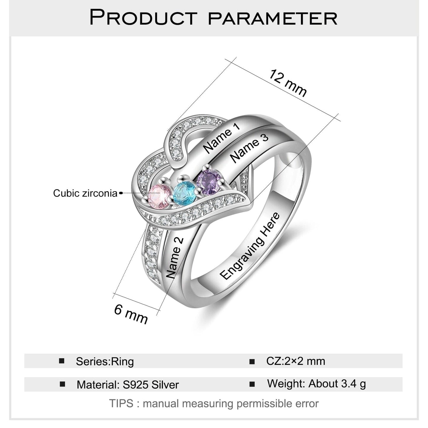 Bague argent 925 sterling personnalisable avec de 1à 8 prénom(s) gravé(s) bague avec pierre de naissance de couleur personnalisée également coeur pour femmes cadeau de fête des mères