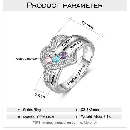 Bague argent 925 sterling personnalisable avec de 1à 8 prénom(s) gravé(s) bague avec pierre de naissance de couleur personnalisée également coeur pour femmes cadeau de fête des mères
