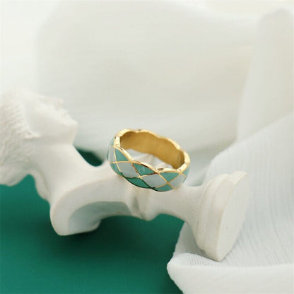 New Bague en émail et en acier inoxydable couleur or losanges vert- turquoise pour femmes