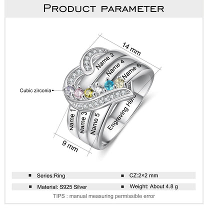 Bague argent 925 sterling personnalisable avec de 1à 8 prénom(s) gravé(s) bague avec pierre de naissance de couleur personnalisée également coeur pour femmes cadeau de fête des mères