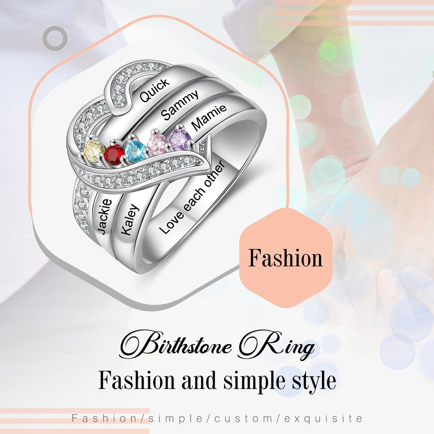 Bague argent 925 sterling personnalisable avec de 1à 8 prénom(s) gravé(s) bague avec pierre de naissance de couleur personnalisée également coeur pour femmes cadeau de fête des mères