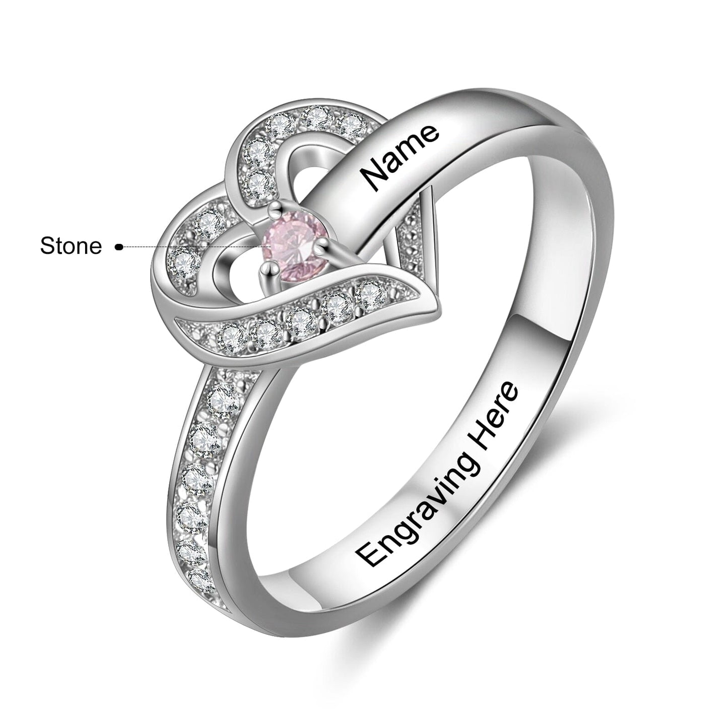 Bague argent 925 sterling personnalisable avec de 1à 8 prénom(s) gravé(s) bague avec pierre de naissance de couleur personnalisée également coeur pour femmes cadeau de fête des mères