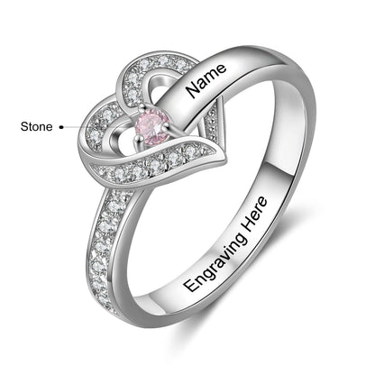 Bague argent 925 sterling personnalisable avec de 1à 8 prénom(s) gravé(s) bague avec pierre de naissance de couleur personnalisée également coeur pour femmes cadeau de fête des mères