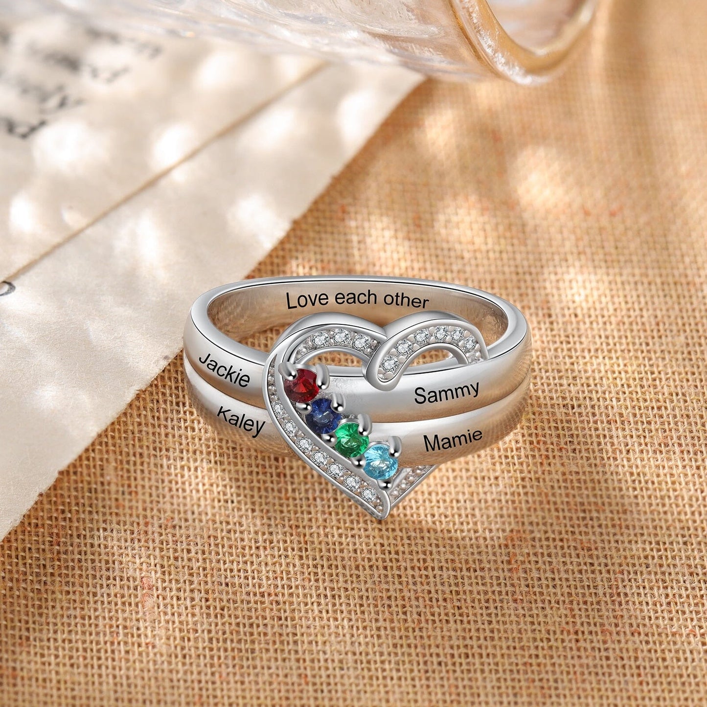 Bague argent 925 sterling personnalisable avec de 1à 8 prénom(s) gravé(s) bague avec pierre de naissance de couleur personnalisée également coeur pour femmes cadeau de fête des mères