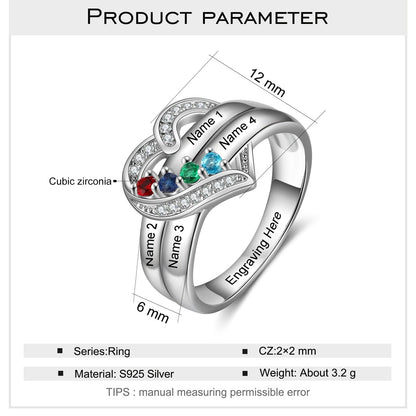 Bague argent 925 sterling personnalisable avec de 1à 8 prénom(s) gravé(s) bague avec pierre de naissance de couleur personnalisée également coeur pour femmes cadeau de fête des mères