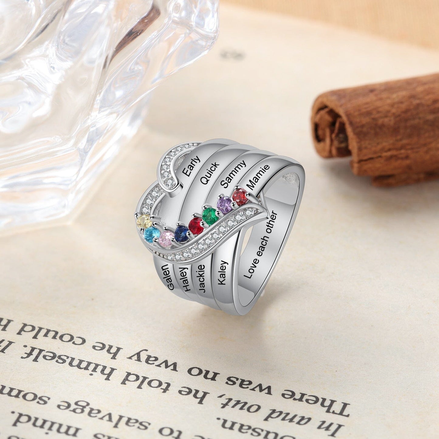 Bague argent 925 sterling personnalisable avec de 1à 8 prénom(s) gravé(s) bague avec pierre de naissance de couleur personnalisée également coeur pour femmes cadeau de fête des mères