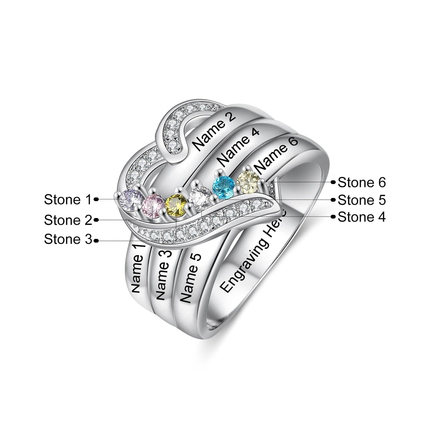 Bague argent 925 sterling personnalisable avec de 1à 8 prénom(s) gravé(s) bague avec pierre de naissance de couleur personnalisée également coeur pour femmes cadeau de fête des mères