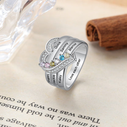 Bague argent 925 sterling personnalisable avec de 1à 8 prénom(s) gravé(s) bague avec pierre de naissance de couleur personnalisée également coeur pour femmes cadeau de fête des mères