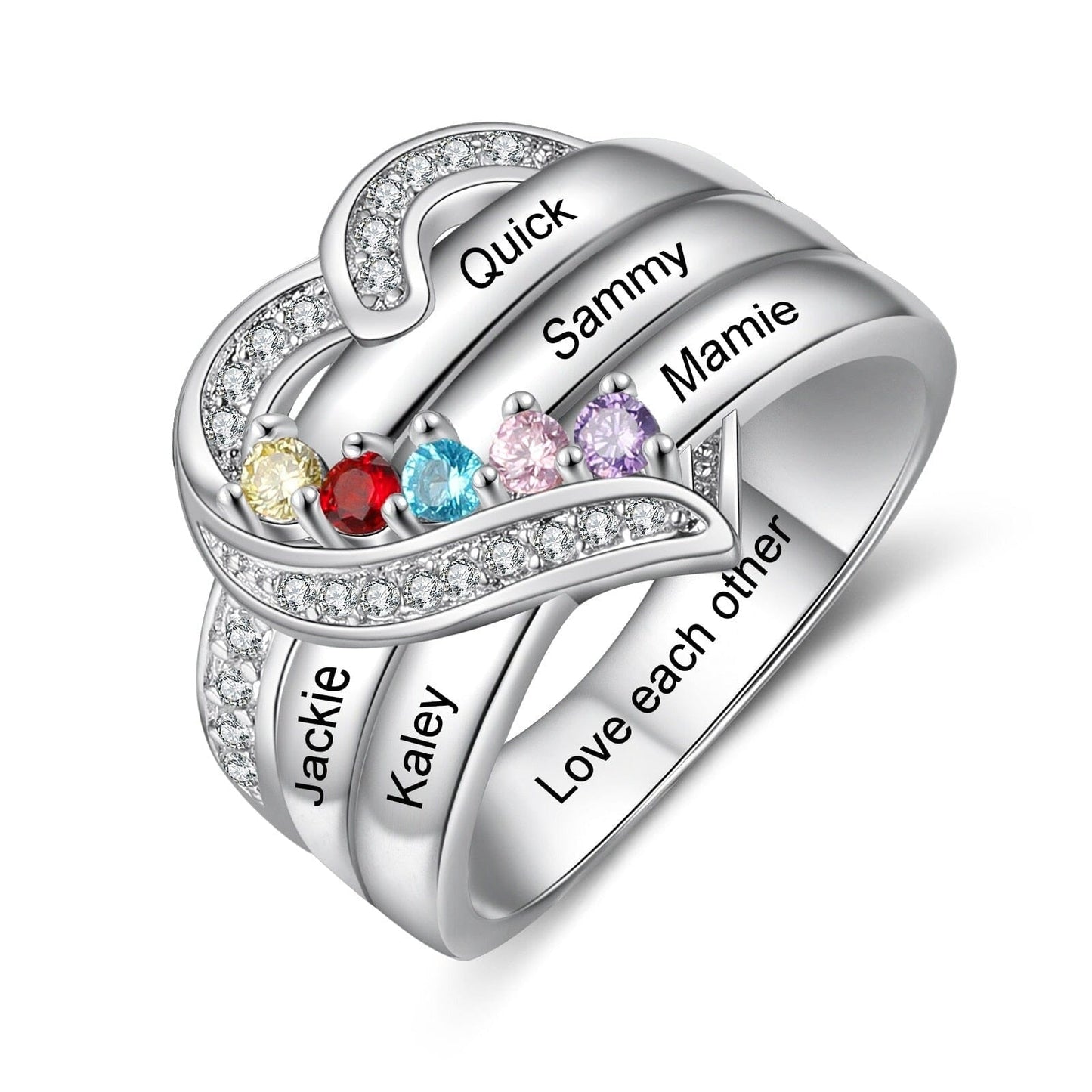 Bague argent 925 sterling personnalisable avec de 1à 8 prénom(s) gravé(s) bague avec pierre de naissance de couleur personnalisée également coeur pour femmes cadeau de fête des mères