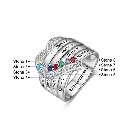 Bague argent 925 sterling personnalisable avec de 1à 8 prénom(s) gravé(s) bague avec pierre de naissance de couleur personnalisée également coeur pour femmes cadeau de fête des mères