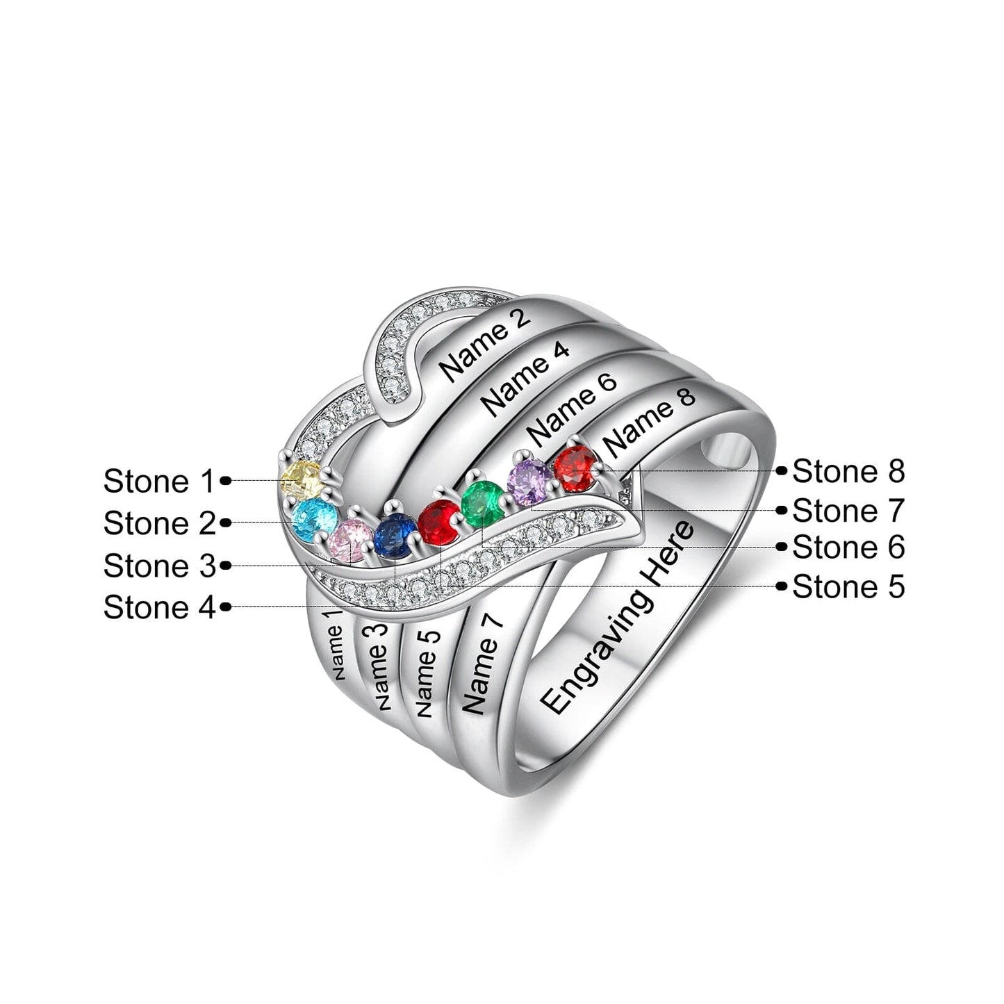 Bague argent 925 sterling personnalisable avec de 1à 8 prénom(s) gravé(s) bague avec pierre de naissance de couleur personnalisée également coeur pour femmes cadeau de fête des mères