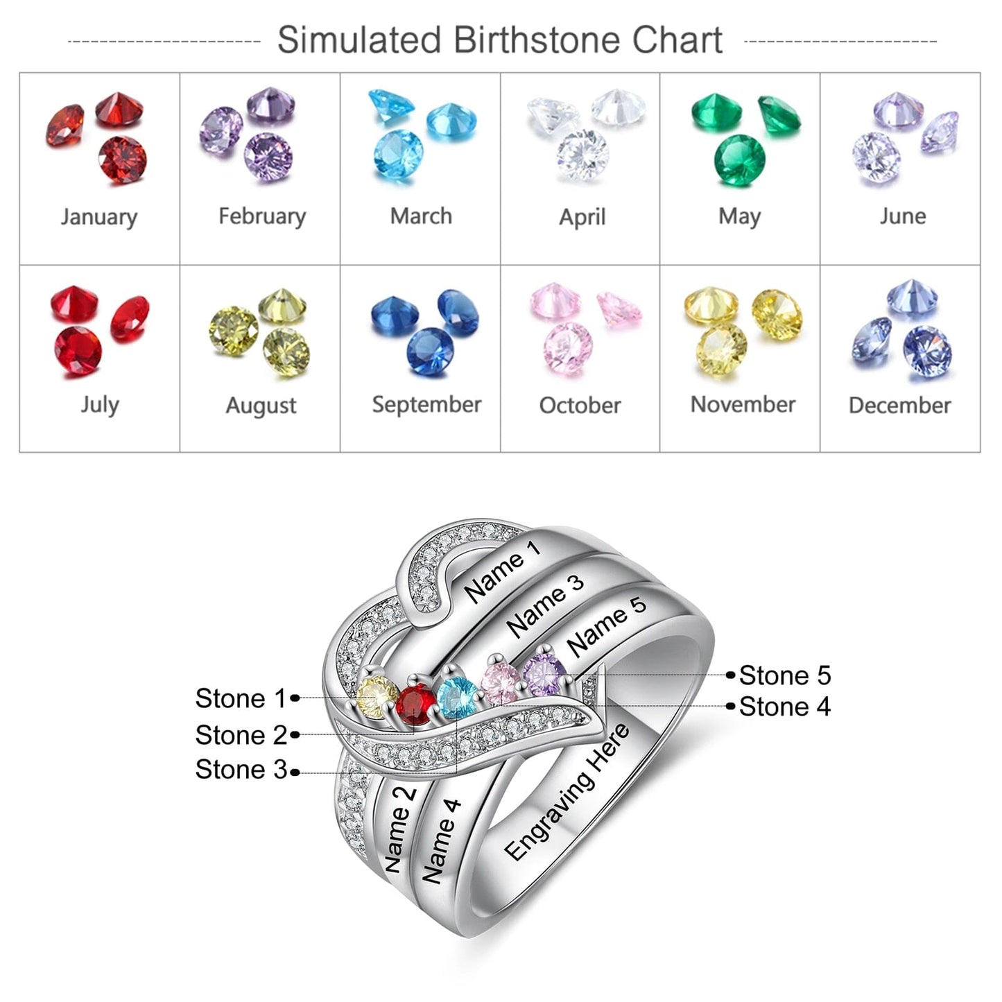Bague argent 925 sterling personnalisable avec de 1à 8 prénom(s) gravé(s) bague avec pierre de naissance de couleur personnalisée également coeur pour femmes cadeau de fête des mères
