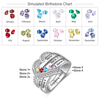 Bague argent 925 sterling personnalisable avec de 1à 8 prénom(s) gravé(s) bague avec pierre de naissance de couleur personnalisée également coeur pour femmes cadeau de fête des mères