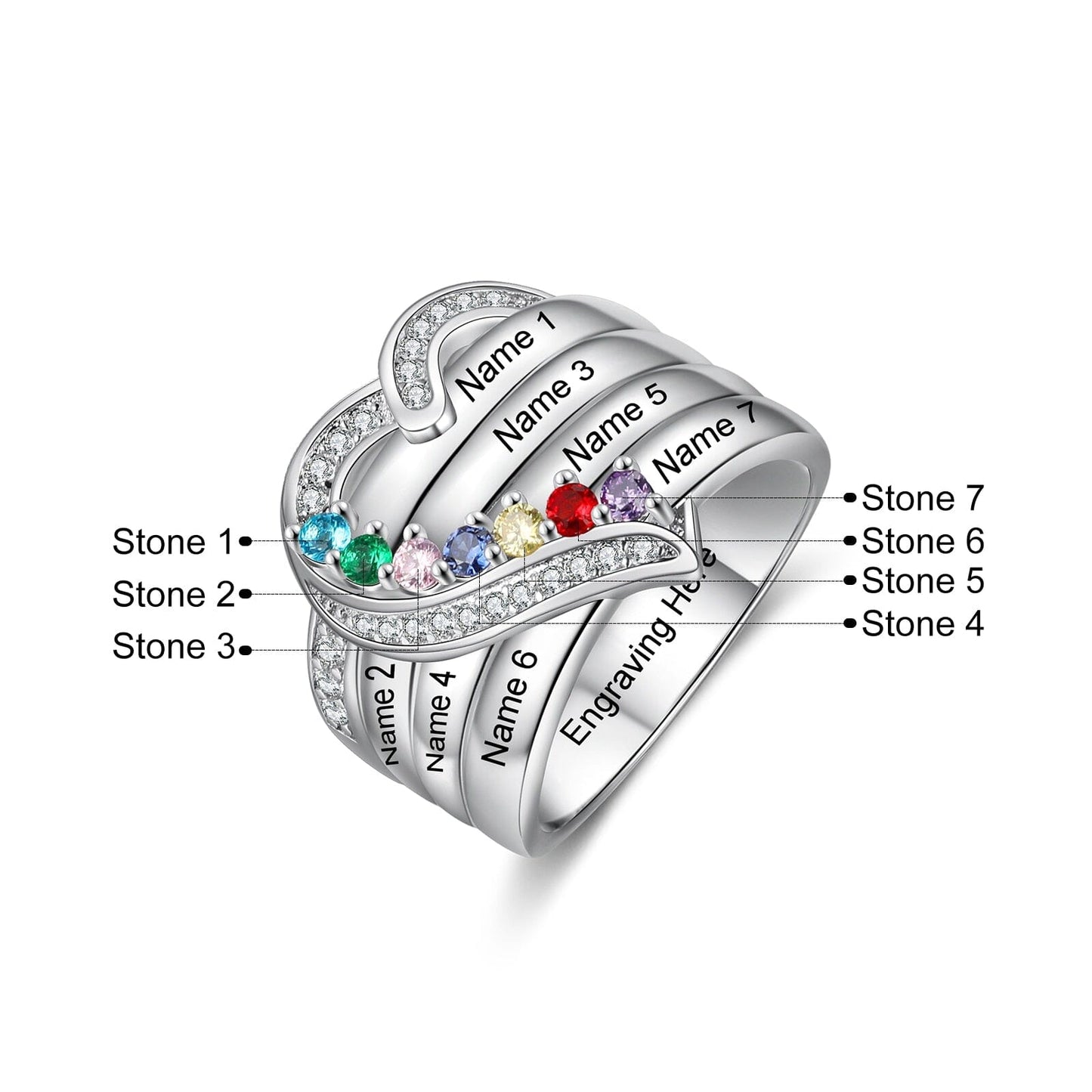 Bague argent 925 sterling personnalisable avec de 1à 8 prénom(s) gravé(s) bague avec pierre de naissance de couleur personnalisée également coeur pour femmes cadeau de fête des mères