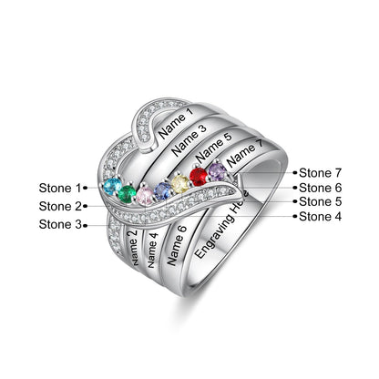 Bague argent 925 sterling personnalisable avec de 1à 8 prénom(s) gravé(s) bague avec pierre de naissance de couleur personnalisée également coeur pour femmes cadeau de fête des mères