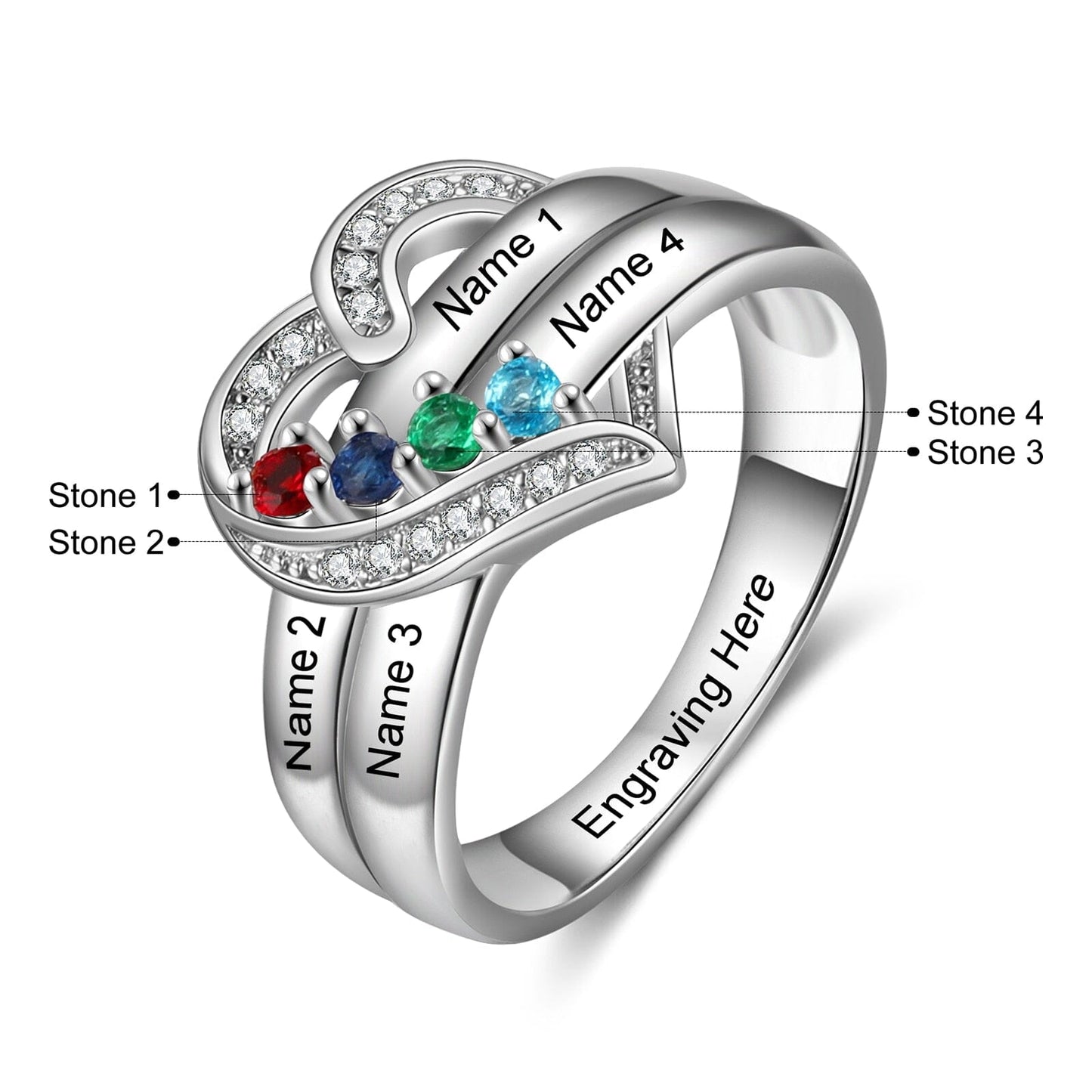 Bague argent 925 sterling personnalisable avec de 1à 8 prénom(s) gravé(s) bague avec pierre de naissance de couleur personnalisée également coeur pour femmes cadeau de fête des mères