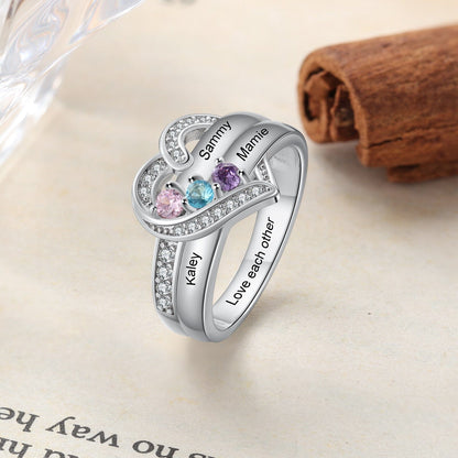 Bague argent 925 sterling personnalisable avec de 1à 8 prénom(s) gravé(s) bague avec pierre de naissance de couleur personnalisée également coeur pour femmes cadeau de fête des mères