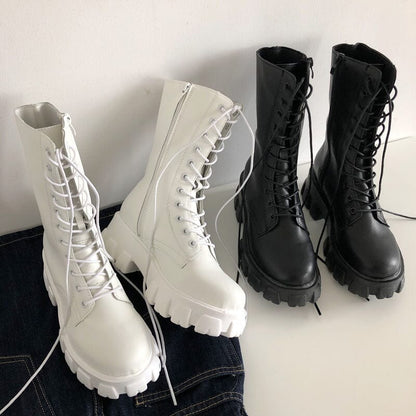 Bottines Femmes à lacets et zip - mi-mollet automne hiver noire ou blanches