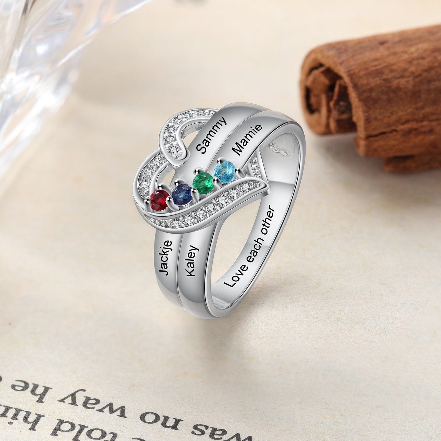 Bague argent 925 sterling personnalisable avec de 1à 8 prénom(s) gravé(s) bague avec pierre de naissance de couleur personnalisée également coeur pour femmes cadeau de fête des mères
