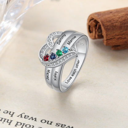 Bague argent 925 sterling personnalisable avec de 1à 8 prénom(s) gravé(s) bague avec pierre de naissance de couleur personnalisée également coeur pour femmes cadeau de fête des mères