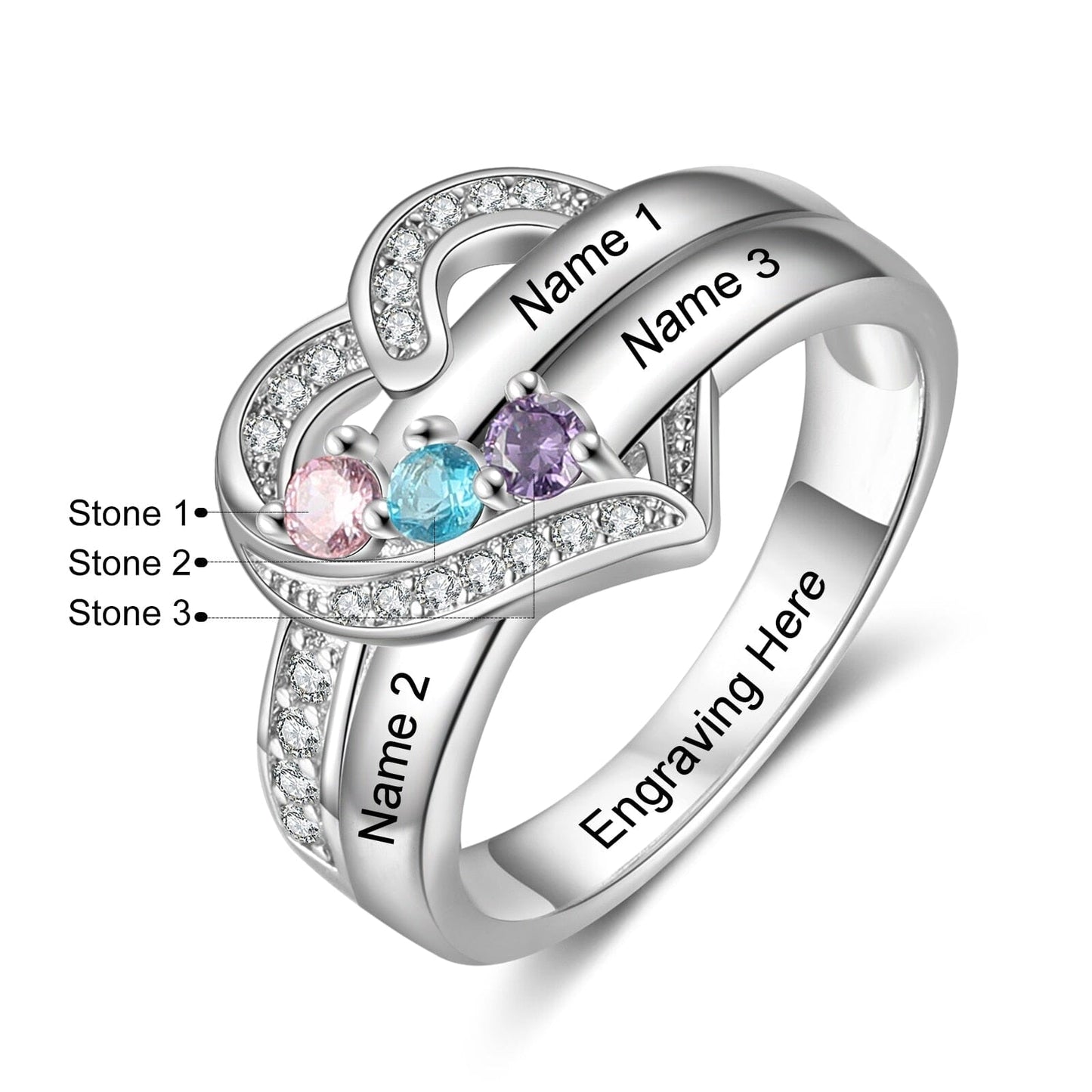 Bague argent 925 sterling personnalisable avec de 1à 8 prénom(s) gravé(s) bague avec pierre de naissance de couleur personnalisée également coeur pour femmes cadeau de fête des mères