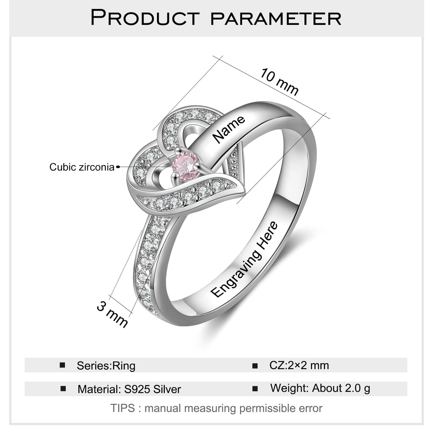 Bague argent 925 sterling personnalisable avec de 1à 8 prénom(s) gravé(s) bague avec pierre de naissance de couleur personnalisée également coeur pour femmes cadeau de fête des mères