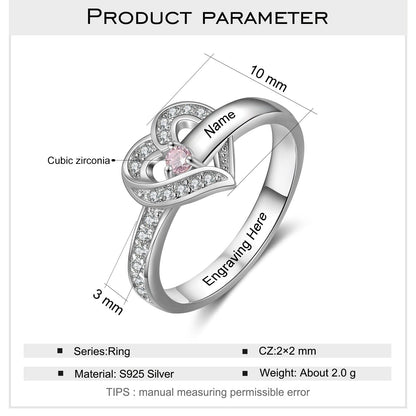 Bague argent 925 sterling personnalisable avec de 1à 8 prénom(s) gravé(s) bague avec pierre de naissance de couleur personnalisée également coeur pour femmes cadeau de fête des mères