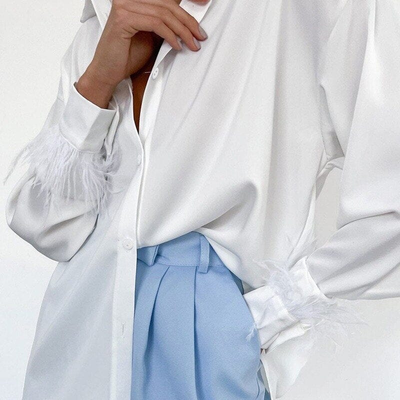 Chemise Satin Plumes aux Poignets pour Femmes élégante Boutonnée Manches Longues