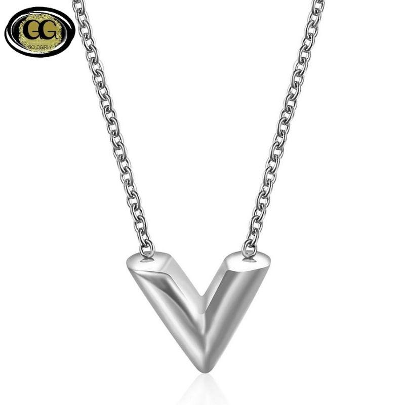 Collier en forme de V lettre pendentif en acier inoxydable couleur or rose or ou argent