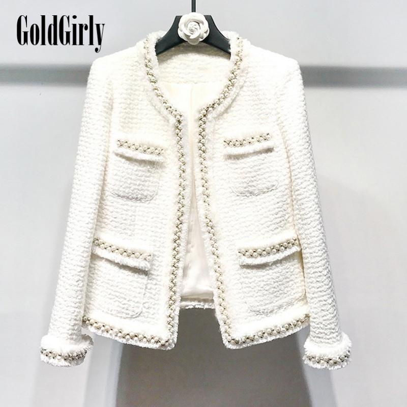 Veste en tweed blanc Perles faites et cousues à la main style classique