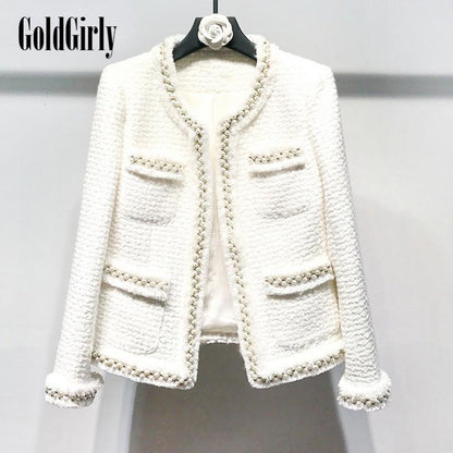 Veste en tweed blanc Perles faites et cousues à la main style classique