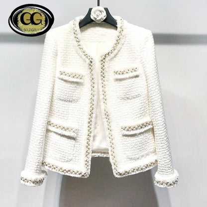 Veste en tweed blanc Perles faites et cousues à la main style classique