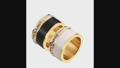 Bague large Luxe Noir ou Blanc Anneaux En Céramique et Acier Inoxydable Mode Promise