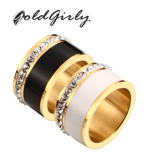 Bague large Luxe Noir ou Blanc Anneaux En Céramique et Acier Inoxydable Mode Promise