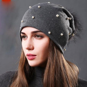 Bonnet brodé de perles collection Mode hiver Fourrure Naturelle tient chaud