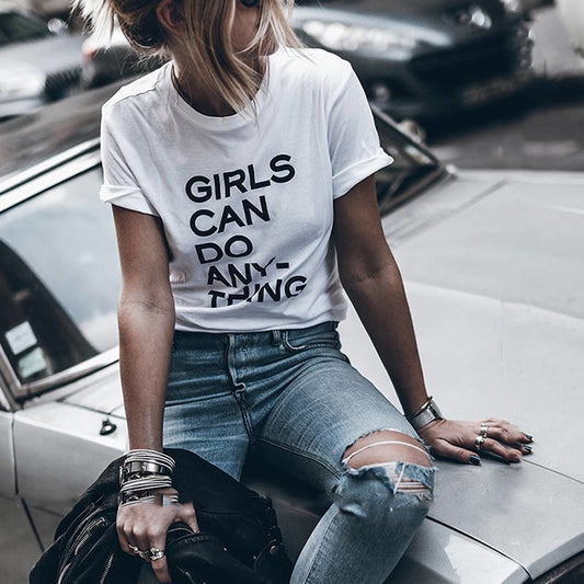T-shirt Streetwear décontracté en coton "Girls Can Do Anything"
