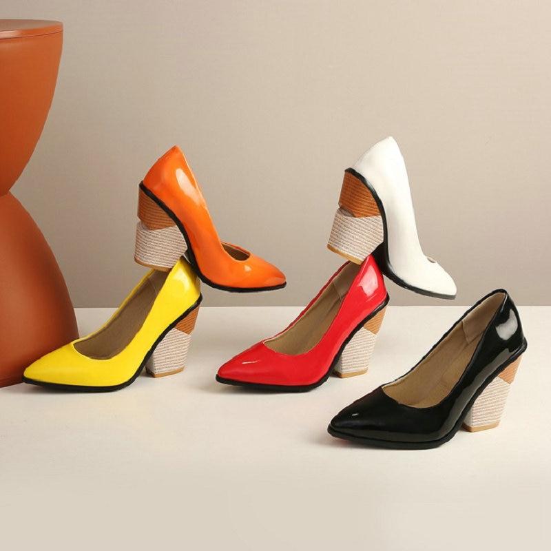 Talons vernis en cuir vinyl jaune orange blanc à gros talons et bouts pointus