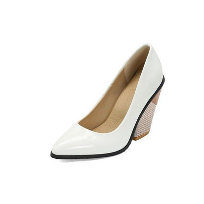 Talons vernis en cuir vinyl jaune orange blanc à gros talons et bouts pointus