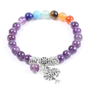 bracelet en perles semi-précieuses GoldGirly en quartz violet et perles de chakras colorées. effet soutenant-apporte l'équilibre