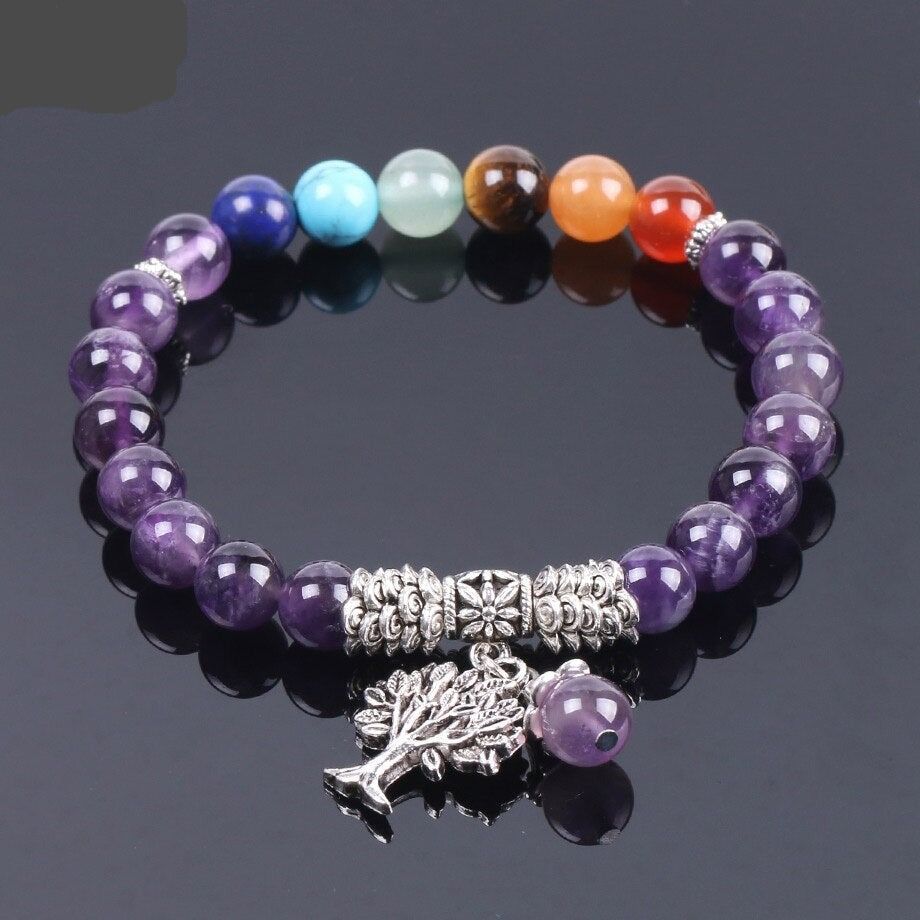 Bracelet magique en Pierres Naturelles de Quartz violet 7 Chakras & Arbre de Vie