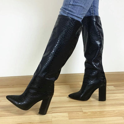 Bottes hauteur genou Automne Similicuir femmes bout pointu à talons hauts carrés taille 34-43